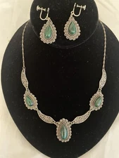 Israeli Filigree Sterling Silver & Pearls & Eilat Stones Necklace And Earrings