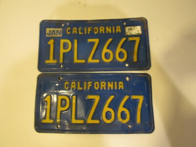 Vintage Blue/Gold DMV Clear California License Plates 1PLZ667 Set Pair Embossed
