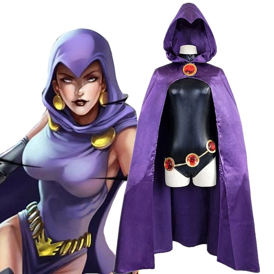 Super Hero Raven Cosplay Costume Women Bodysuit Purple Hooded Cloak Teen Titans - Image 2 of 4