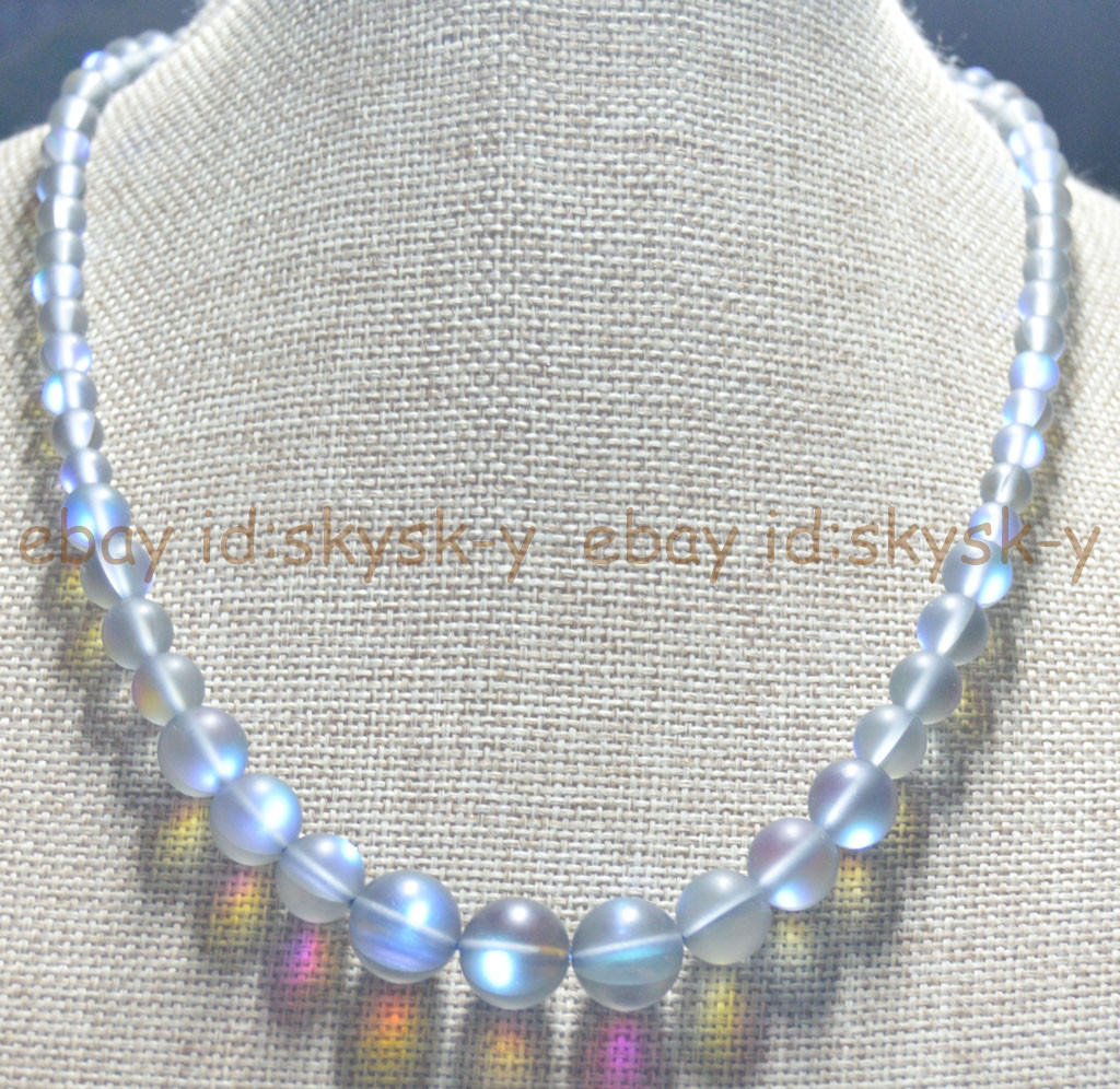 New Gray Rainbow Moonstone Round Gemstone Necklace – 18 Inch, 6-12mm Stones, 925 Silver