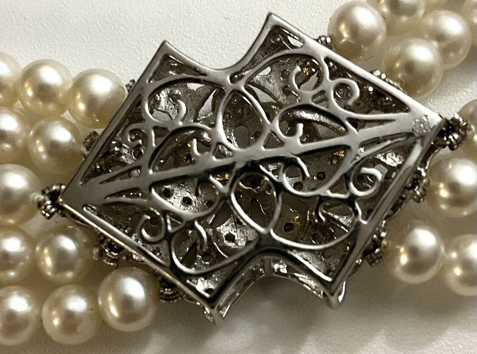 Vintage 14K White Gold Real Pearl And Diamond Bracelet 