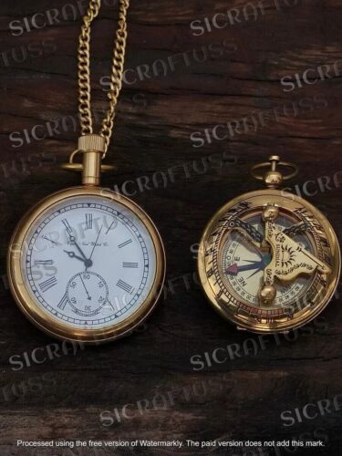 Antique Vintage Elgin Brass Pocket Watch With Brass Pocket Sundial Compass Gift. - Picture 2 of 5