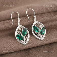 Green Emerald Stone Sterling Silver Hook Drop Dangle Unique Handcrafted Earrings