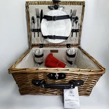 Handwoven Willow Wicker Classic Picnic Basket Set for 2  “PICNIC TIME” Lined NEW