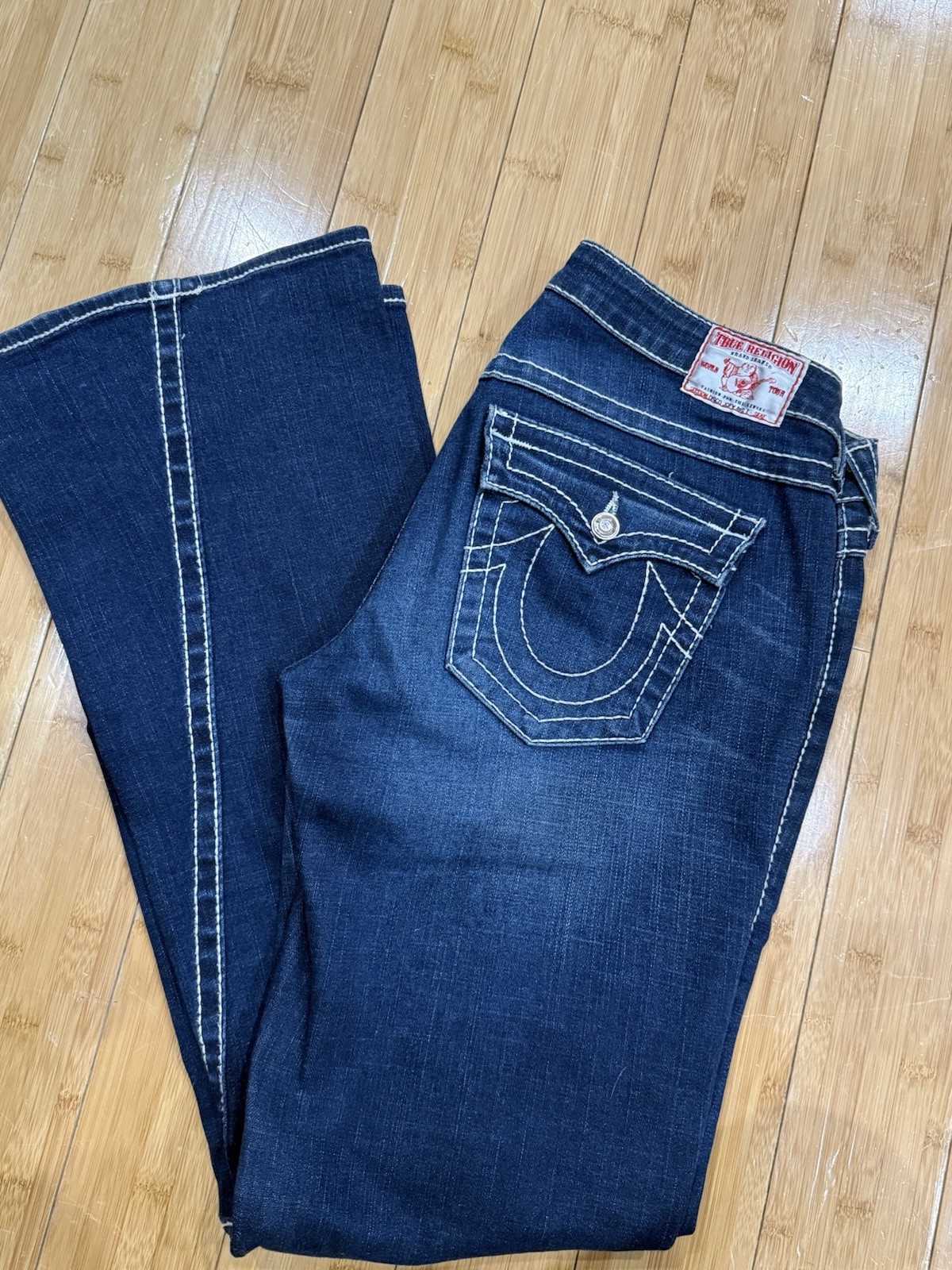 True Religion Jeans Women’s Disco Joey Big T Sz 31 Flare Bottom Blue Denim USA