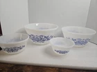 Federal Glass Blue Rose Pattern Bowls White Vintage Milk Glass S, M, L, XL Set 4