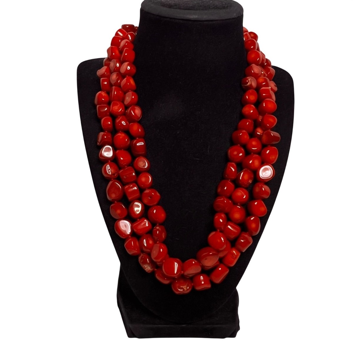 Lucas Lameth Triple Strand Red Coral Necklace With Sterling Silver