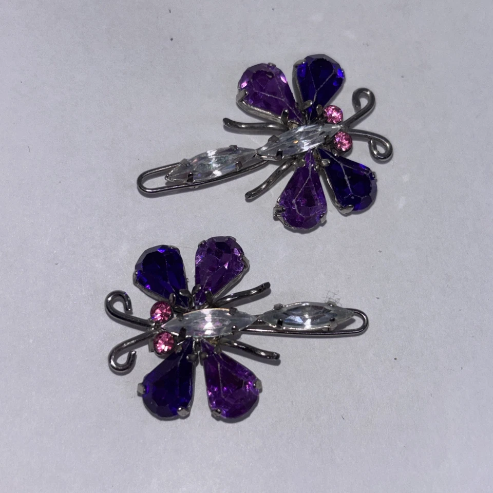 2 Vintage Dragonfly Butterfly Hair Pins Purple, Pink & Clear Rhinestones 1 Inch - Image 2 of 4