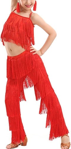 2 Piece Kid Girls Latin Ballroom Dance Costume Tassels Fringe Camisole Pants Set - Picture 23 of 26