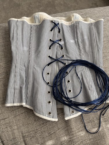 Velda Lauder Rare Blue Victorian Striped Fully Boned Corset Size 26 10/12 - Picture 21 of 22