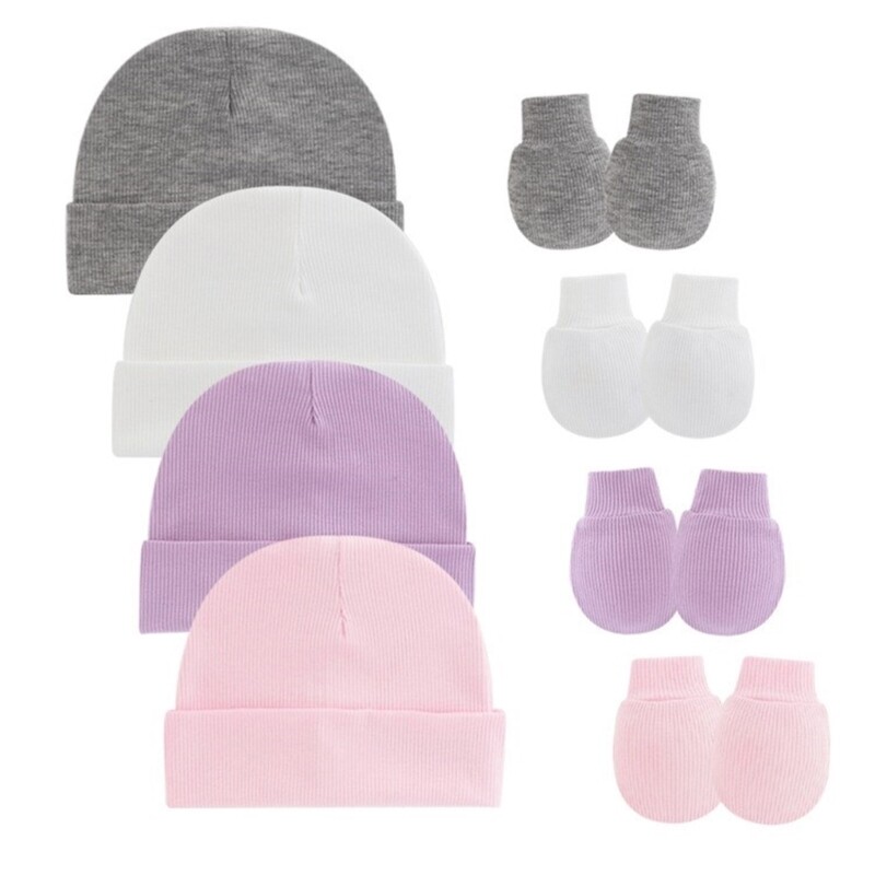 Cotton Newborns Fetal Caps with Anti Scratch Mittens Infants Toddlers