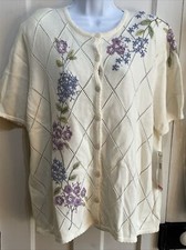 Vintage Alfred Dunner Women  s XL Embroidered Sweater Cardigan SS Cream W Flowers