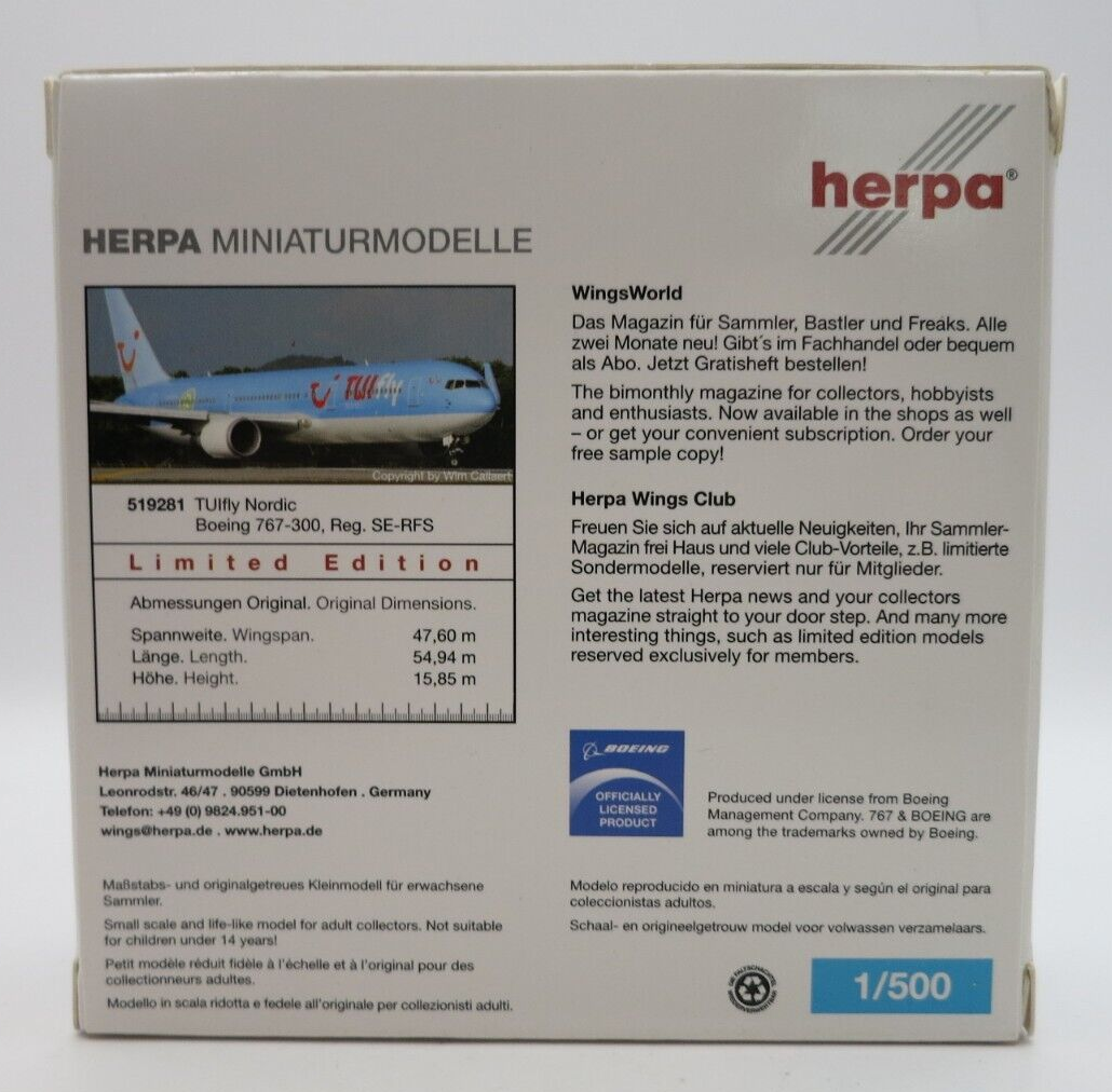 Herpa TUIfly Nordic Boeing 767-300 Airplane Model - 519281 - 1/500