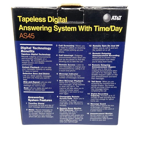 AT&T Tapeless Digital Answering System AS45 With Time/Day NEW In Box Vintage - Zdjęcie 5 z 10