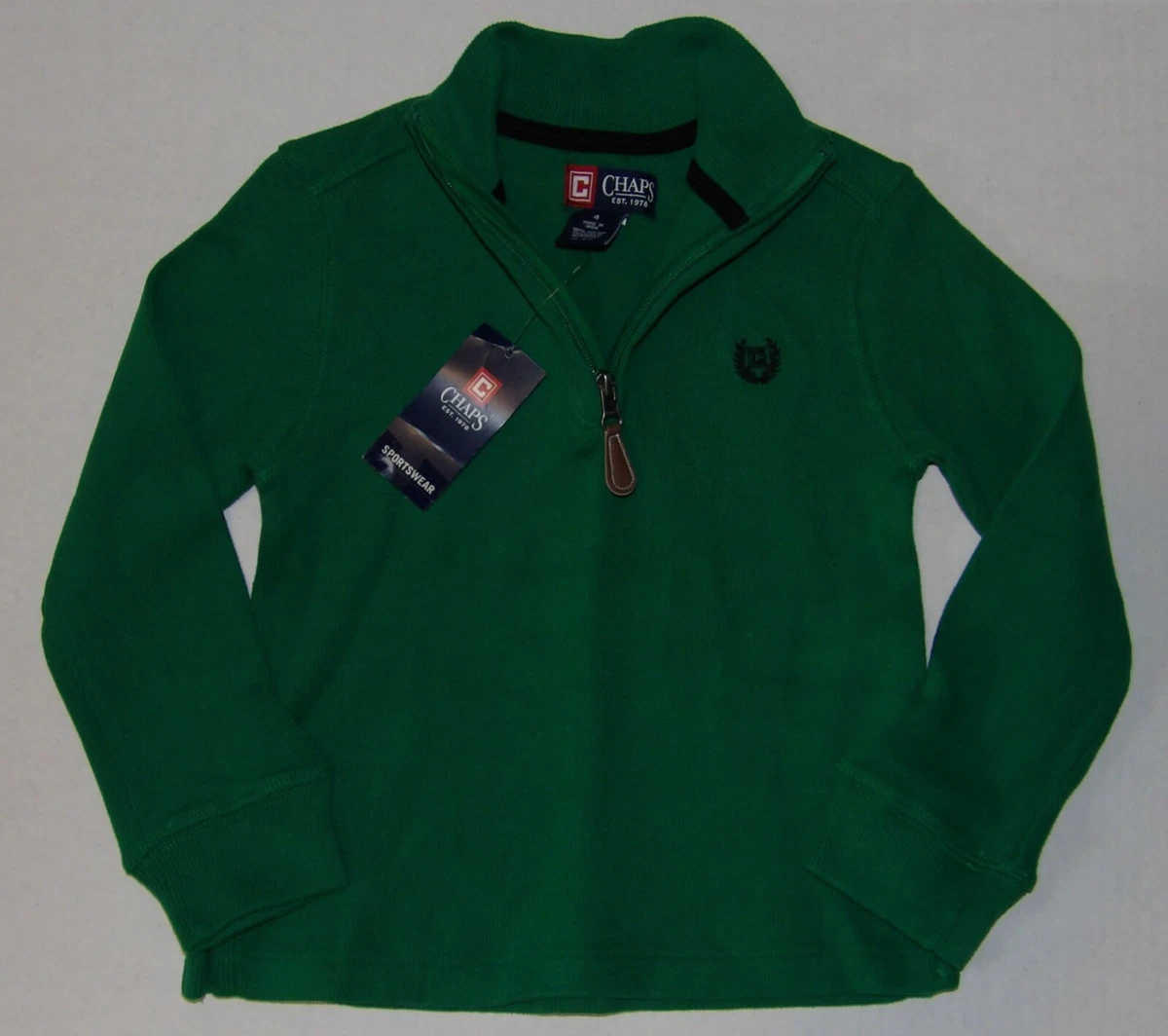 Pull Quarter Zip CHAPS Garçon - Rayé Marine Et Vert, Taille 5, 100% Coton, Neuf Avec étiquette