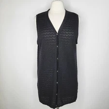 Vintage BEAUX TRICOT Black Wool Cardigan Size L Vest Longline Pointelle Knit