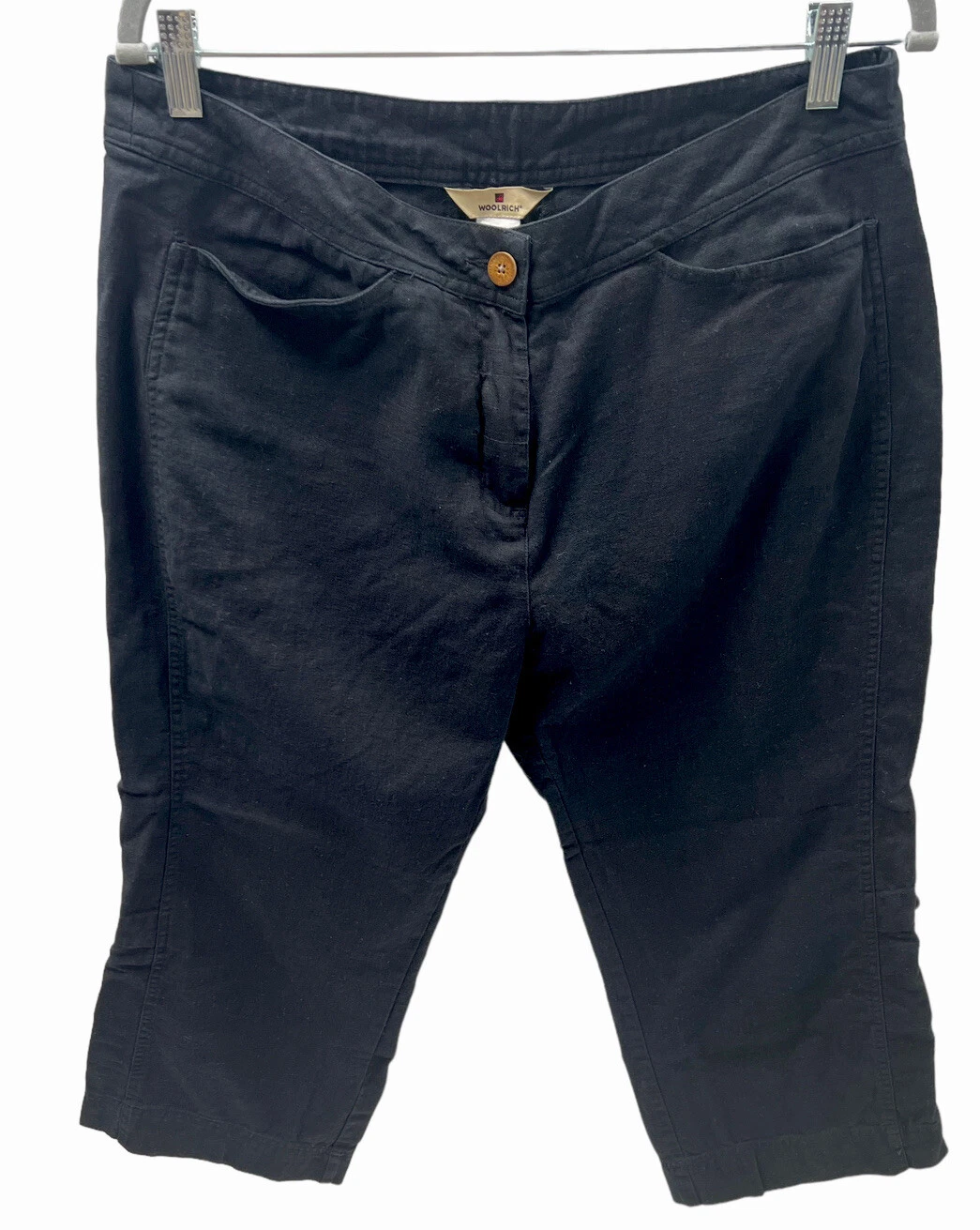 Woolrich Capri Pants Linen Cotton Black Size 14 Casual Pockets Women's