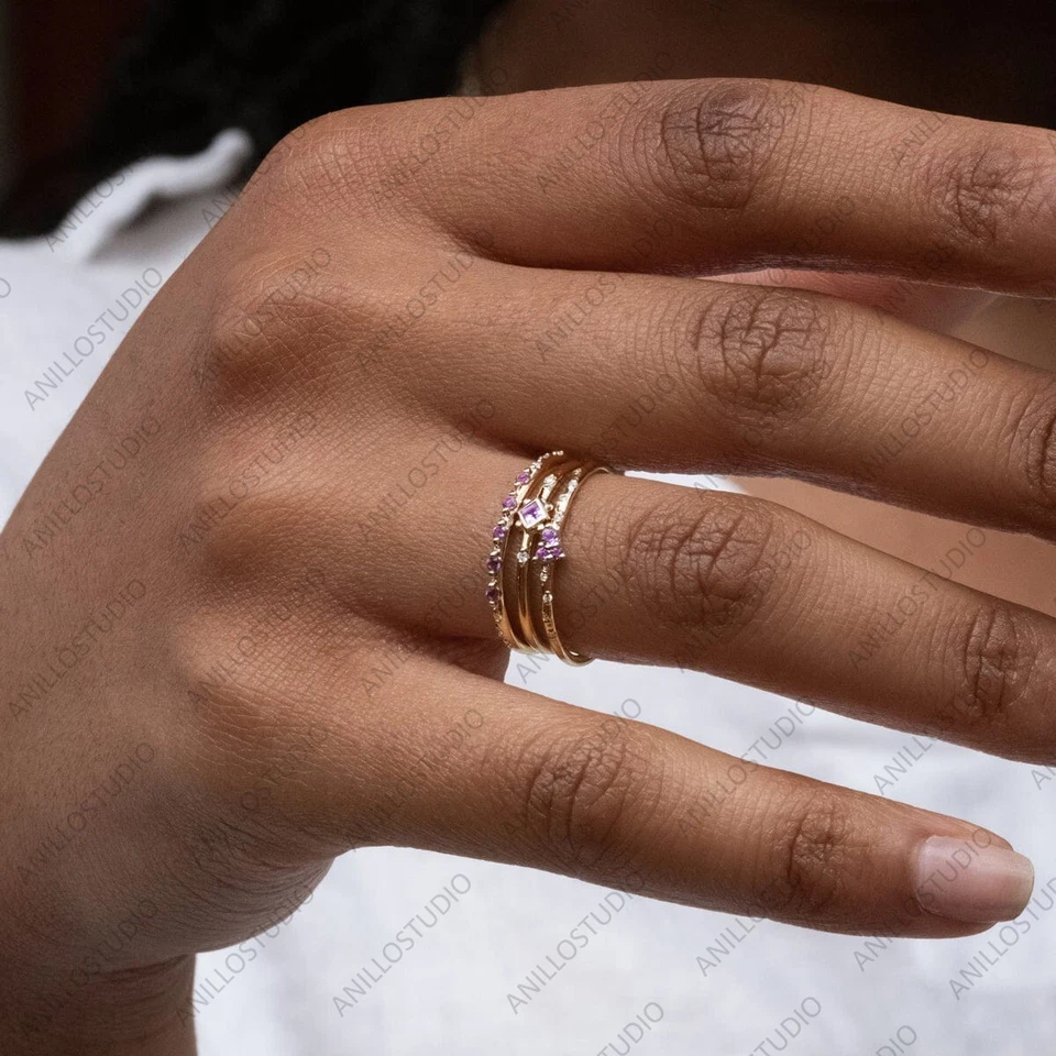 Natural Amethyst Ombre Band Ring 14k Gold Diamond Amethyst Stackable Band Ring - Image 4 of 4