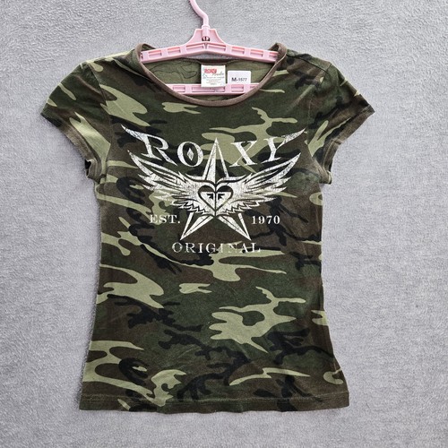 VINTAGE Roxy Women Shirt S Green Camouflage Grunge Crew Neck Skater Y2K USA