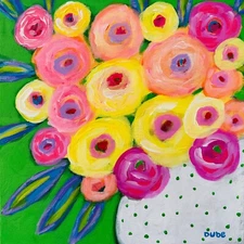 Original Painting Collectible Flowers White Polka Dot Vase 12" x 12"