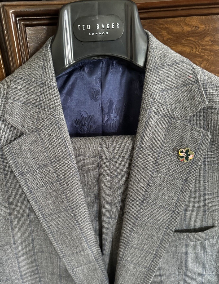 TED BAKER LONDON “JAY CT” Slim Fit Grey Plaid Stretch Wool TED BAKER LONDON “JAY CT” Slim Fit Grey Plaid Stretch Wool