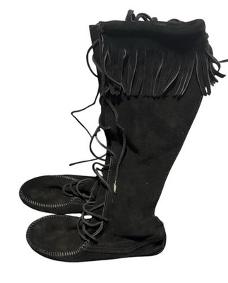 MINNETONKA Black Suede Knee High Lace-up Fringe Moccasins Tall Boots Size 7 EX