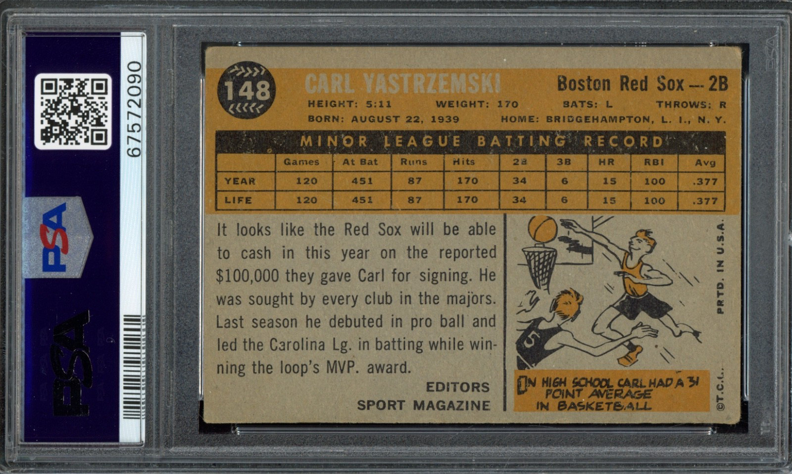 1960 Topps #148 Carl Yastrzemski Rookie PSA 3 Vintage HOF RC Baseball Card (090) view 2