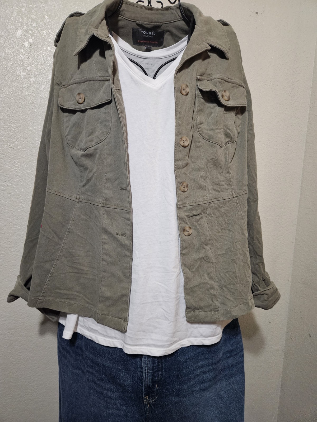 Torrid Olive Button Front Utility Jacket Collared… - image 2