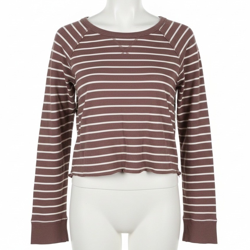 Aerie Brown White Striped Long Sleeve Raglan Tee Cropped Raw Hem Women Medium