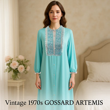 Vtg 1970s GOSSARD ARTEMIS Sky Blue Nylon Lace Floral Embroidered Long Robe M USA