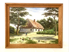 Vintage Mid Century Ukrainian Farm Landscape Painting Figural Daily Life 27x21"