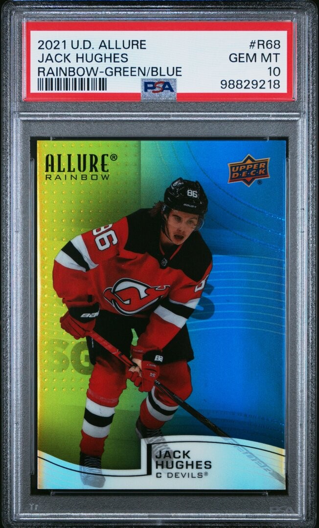 2021 Upper Deck Allure Rainbow Jack Hughes Rainbow-green/blue /299 PSA 10 #R68
