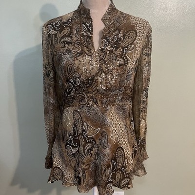 New York City Design Y2K  Elegant Paisley Print Women's Top 100% Silk L 