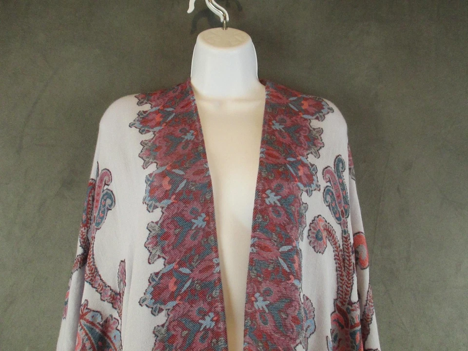 Chicos Poncho Womens One Size Gray Red Paisley Ruana Wrap Kimono Fringe Boho - Image 2 of 4