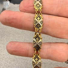 Vintage Damascene Link Bracelet Gold Tone Black Enamel Size 5.5 Beautiful