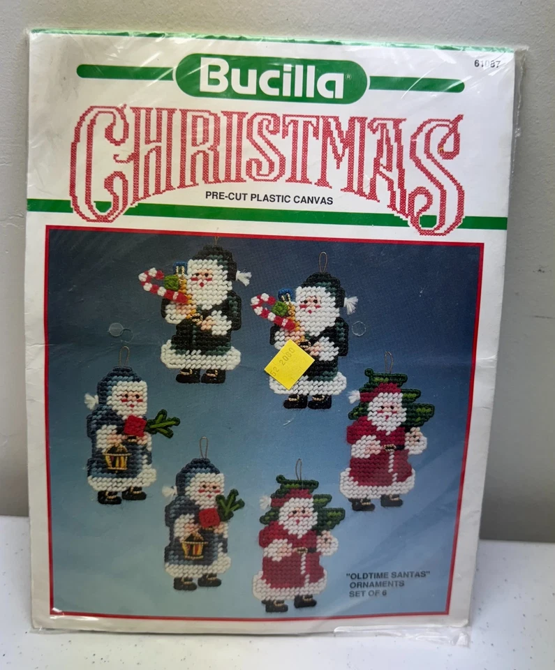 Vintage Bucilla Christmas Plastic Canvas Oldtime Santas Ornaments Set of 6 *NEW* - Image 2 of 4