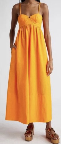 Farm Rio Women Orange Marigold Bustier Cotton Maxi Dress Braided Straps Pockets