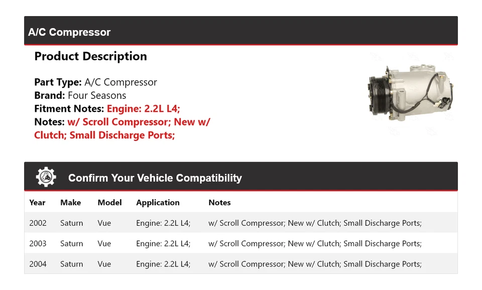 Compresor de aire acondicionado Saturn Vue 2002-2004 2,2 L L4 4 estaciones 2003 Foto 2 de 4
