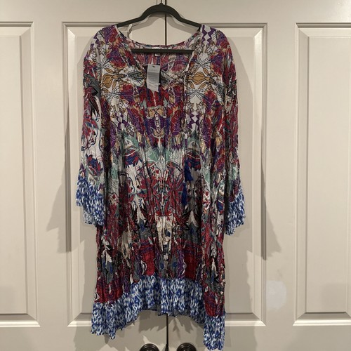 AVENUE BLOUSE Sz 26/28 Pink/Purple/Teal Blue Crinkle Top Tunic Boho Stretch Luxe