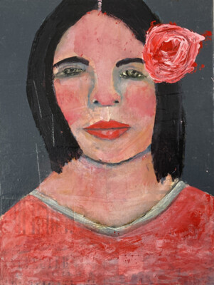 Woman Portrait Painting Pink Rose Acrylic Mixed Media Collage Art Miz Katie