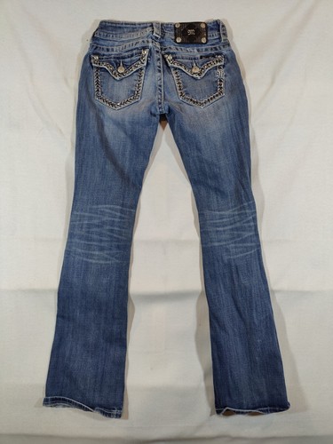Miss Me Jeans Damen 25 Signature Boot Cut Pattentaschen Bling Distressed Blau