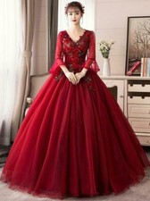 Women's Floral Wedding Pageant Gown Party Dress Bride Banquet Prom Red Dress