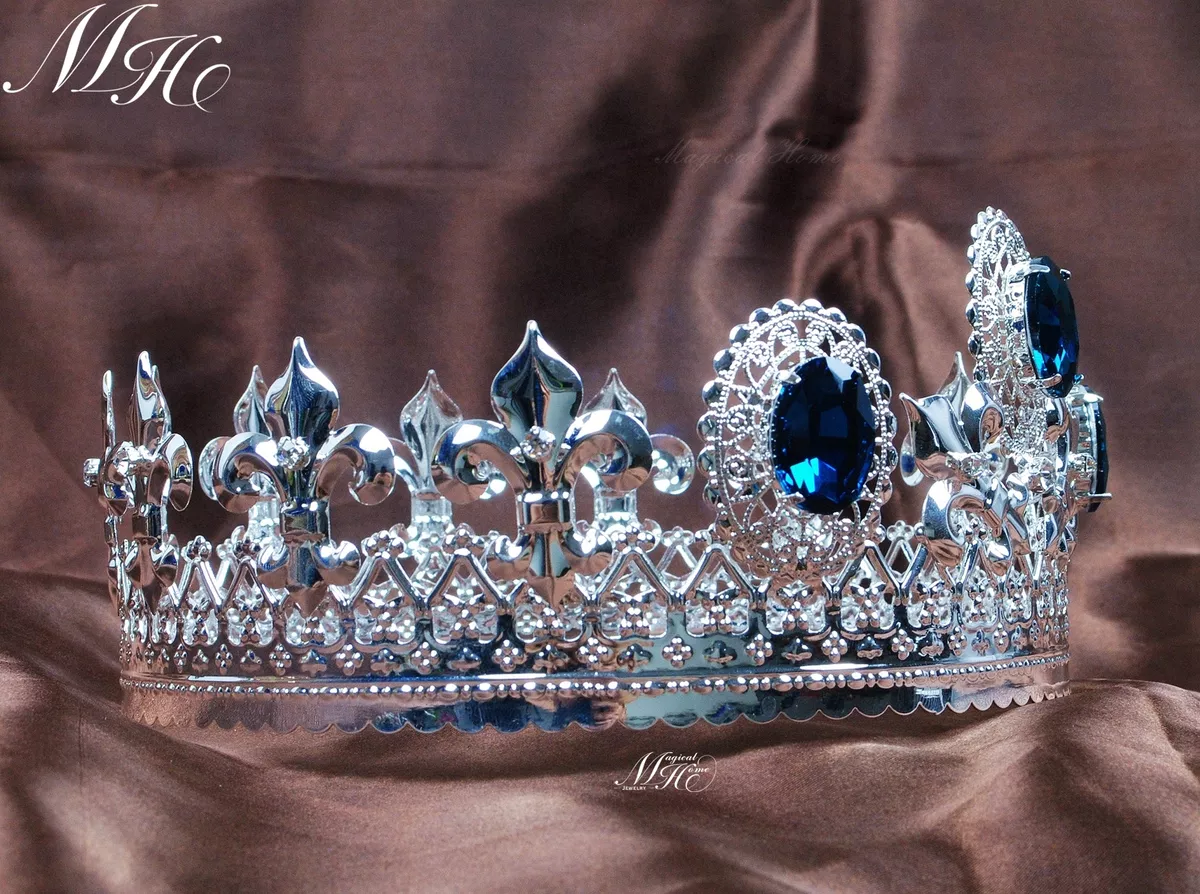 Simulated Blue Sapphire Crown Round Tiara Clear Rhinestones Pageant Bridal Party
