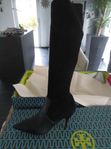 Botas de mujer Tory cuero negro, talla 39/39,5, punta negra, cuero