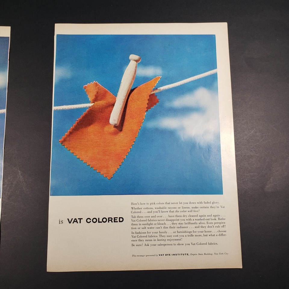 1956 Print Ad 2 Page Vat Fabric Dye Pegged Onto Clothes Line Blue Skies