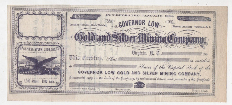 1860s Stock from the Governor Low Gold & Silver Mining Co Virginia City Nevada