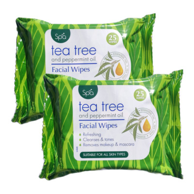 2 x Spa Teebaum & Pfefferminz Gesichtstücher 25 Stück   Entfernt Make-up   Alle Hauttypen