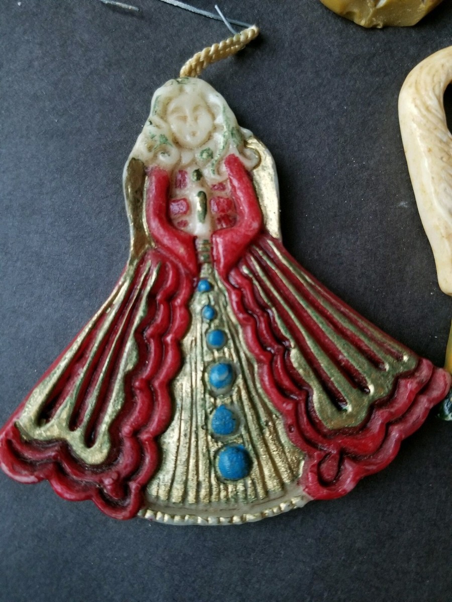 8 Vintage German Wax Christmas Ornaments, Horse, Angel, Heart