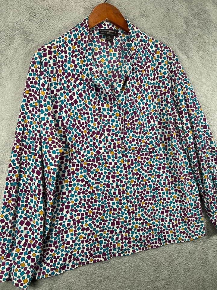 Винтажный Haberdashery Leslie Fay женщин 16 блузка фиолетовый геометрический кнопка длинным рукавом - Изображение 2 из 4