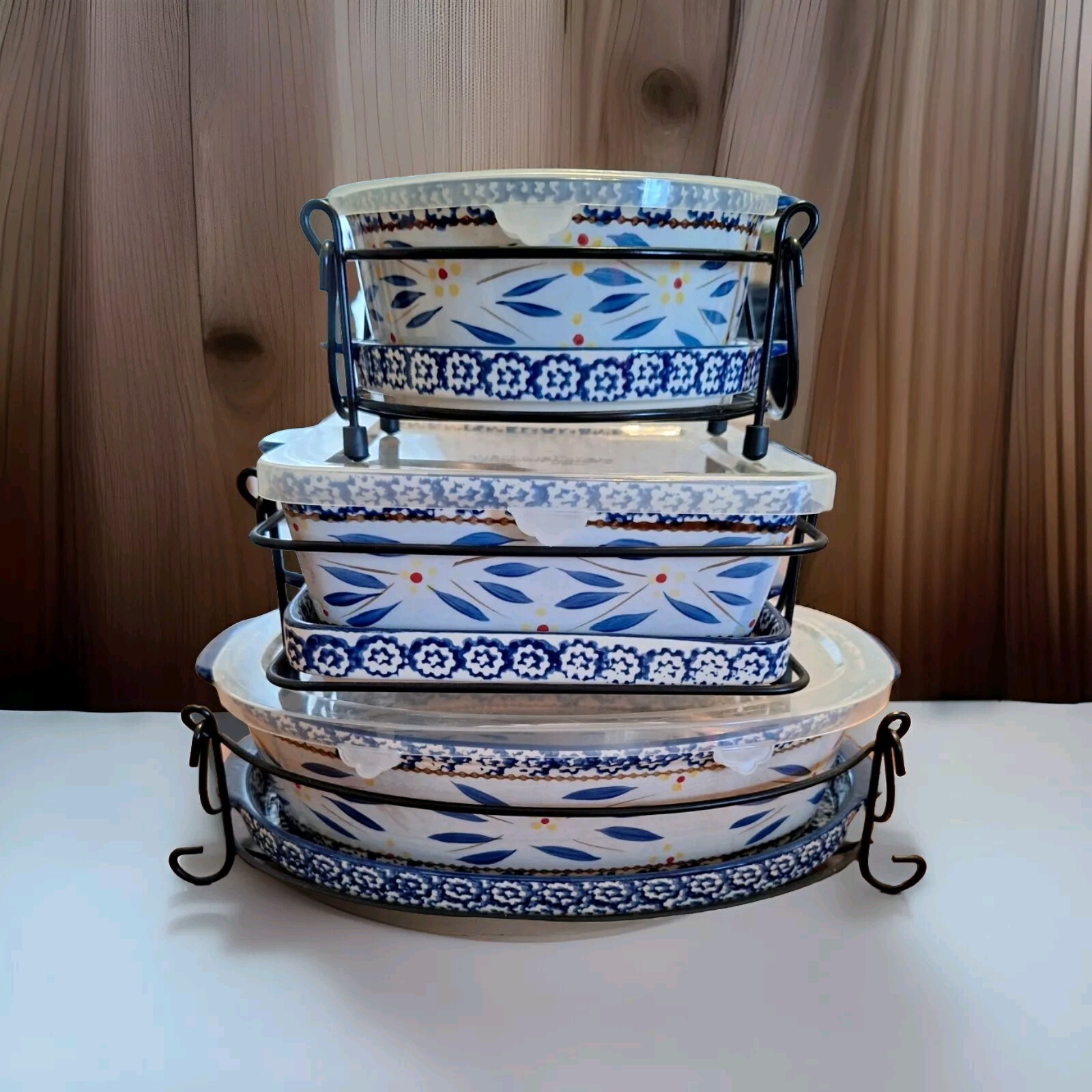 Temptations Old World Blue 1qrt 2qrt 3qrt Bake Set With Trivets + Lids Recipies